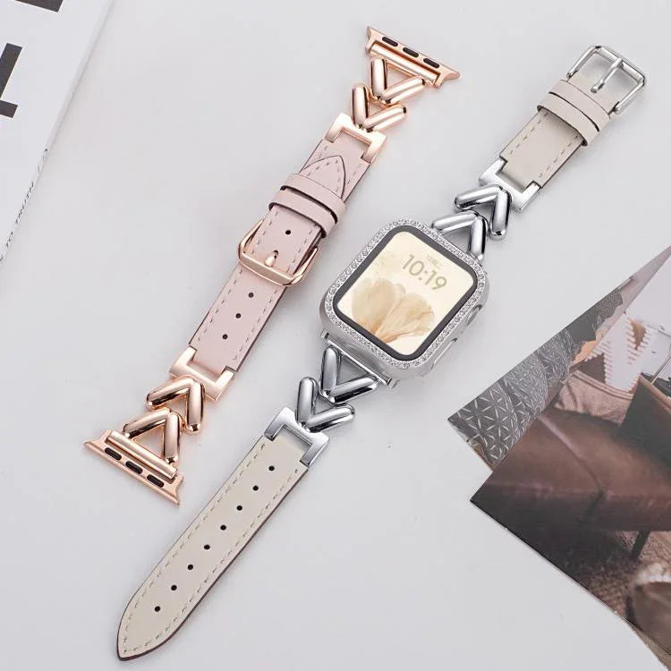 xDfind V-förmiges Hybrid-Armband aus Metall und Leder, für Apple Watch 42 / 44 / 45 / 46 / 49 mm, für Apple Watch 38 / 40 / 41 / S10 42 mm