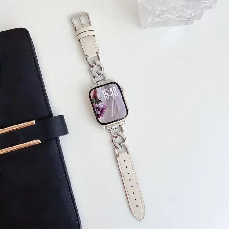 xDfind Uhrenarmband aus Denim, Kette, Metall und Leder, für Apple Watch 42 / 44 / 45 / 46 / 49 mm, für Apple Watch 38 / 40 / 41 / S10 42 mm