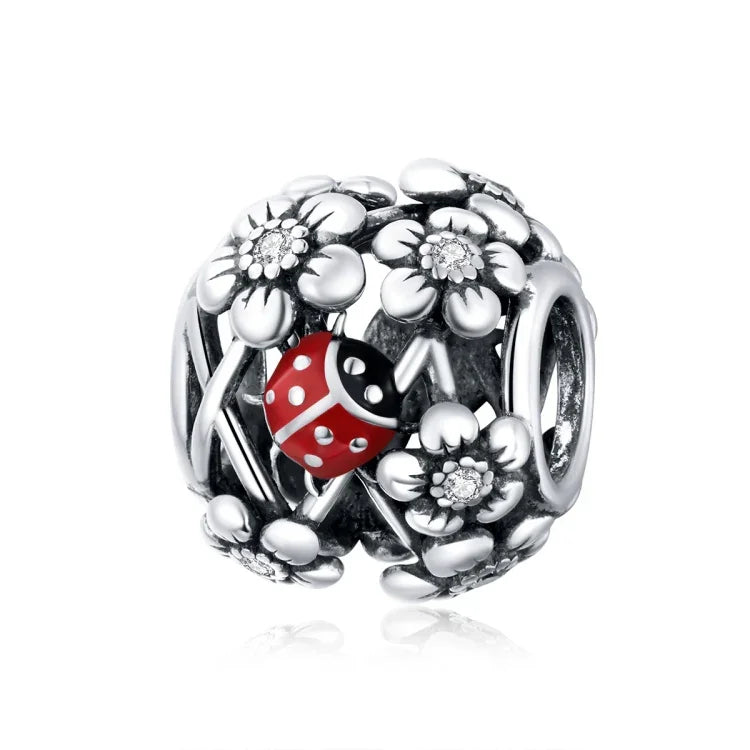 S925 Sterling Silber Gartenelfen Marienkäfer Perlen DIY Armband Halskette Accessoires, Elfen Marienkäfer