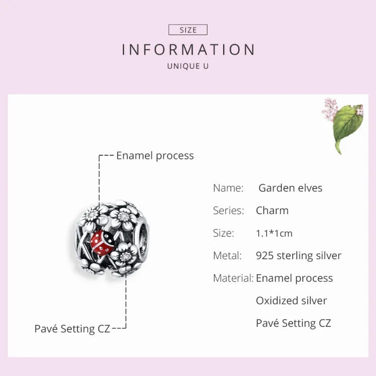 S925 Sterling Silber Gartenelfen Marienkäfer Perlen DIY Armband Halskette Accessoires, Elfen Marienkäfer