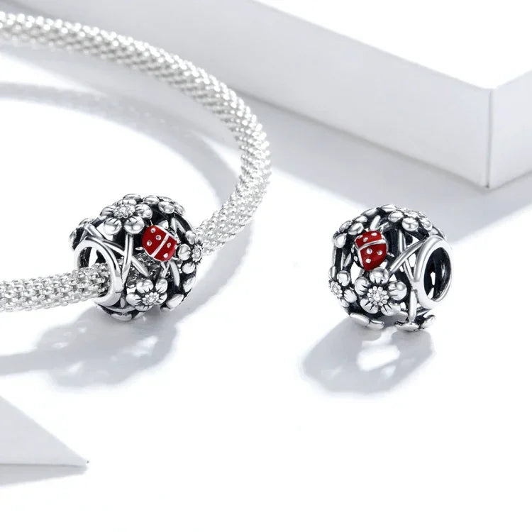 S925 Sterling Silber Gartenelfen Marienkäfer Perlen DIY Armband Halskette Accessoires, Elfen Marienkäfer