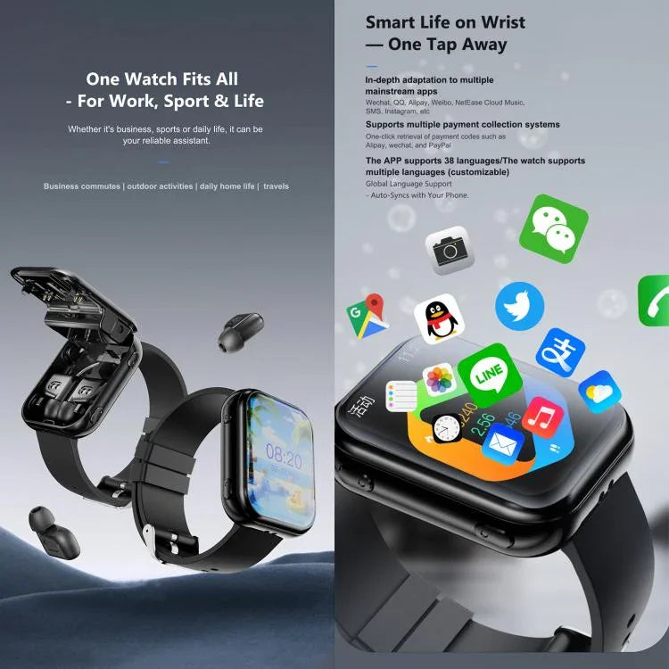 T1 TWS Kopfhörer Smartwatch, 1,8 Zoll quadratisches Display, unterstützt Bluetooth-Anrufe / Herzfrequenzmessung