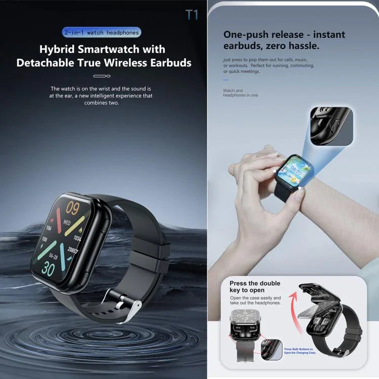 T1 TWS Kopfhörer Smartwatch, 1,8 Zoll quadratisches Display, unterstützt Bluetooth-Anrufe / Herzfrequenzmessung