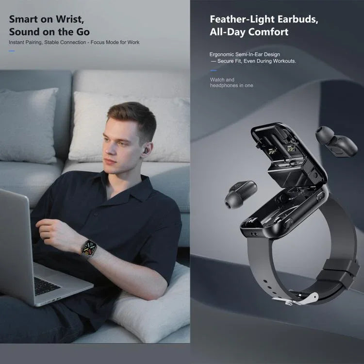 T1 TWS Kopfhörer Smartwatch, 1,8 Zoll quadratisches Display, unterstützt Bluetooth-Anrufe / Herzfrequenzmessung