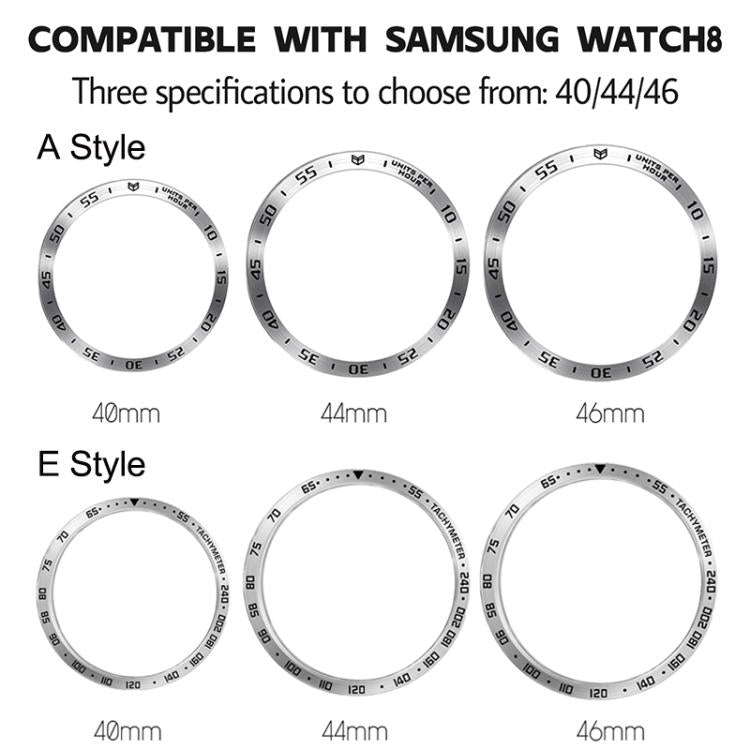 Schutzhülle aus Metall mit Lünette für Smartwatches, Stil: E-Stil, für Samsung Galaxy Watch8 Classic (46 mm), Samsung Galaxy Watch8 (44 mm) und Samsung Galaxy Watch8 (40 mm)