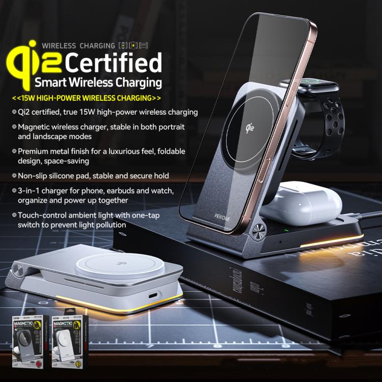 WK WP-U180 Tonayn Qi2 15W 3-in-1 magnetisches kabelloses Ladegerät, WP-U180