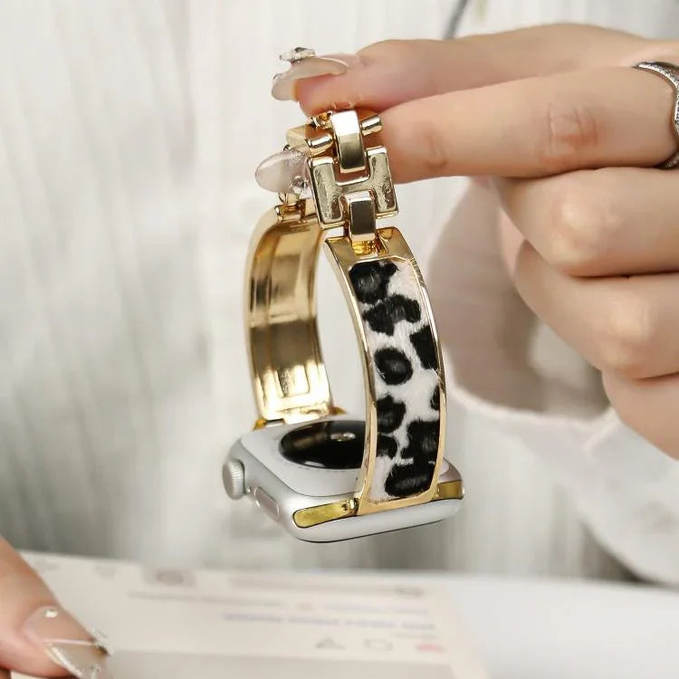 Leopard Print Bracelet Alloy Watch Band, For Apple Watch 46mm / 49mm / 45mm / 44mm, For Apple Watch 42mm / 41mm / 40mm / 38mm
