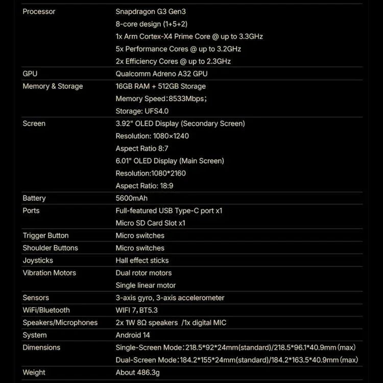 ONE-NETBOOK Sugar 1 Dual-Screen-Handheld-Spielekonsole, Android 14 Snapdragon G3 Gen3, 16 GB + 512 GB