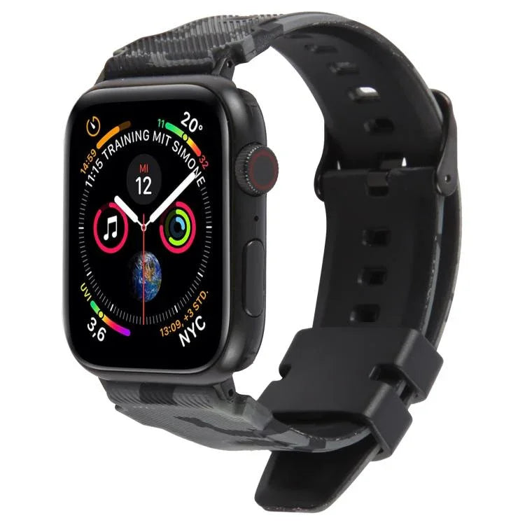 xDfind Schwarzes Silikon-Armband mit Camouflage-Muster, passend für Apple Watch 42 / 44 / 45 / 46 / 49 mm, Apple Watch 38 / 40 / 41 / S10 42 mm