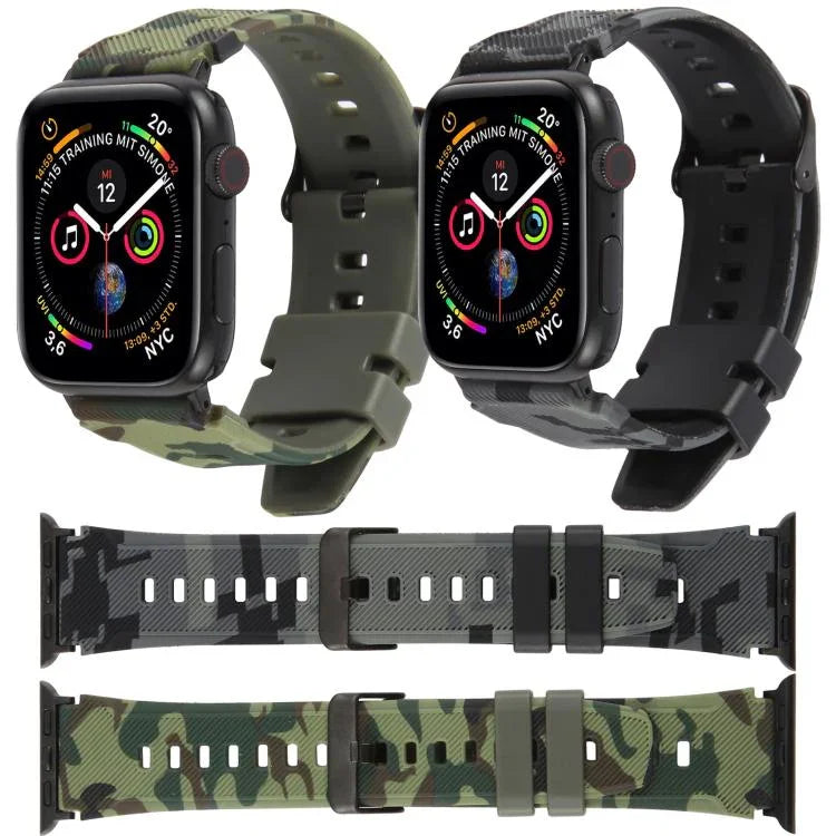 xDfind Schwarzes Silikon-Armband mit Camouflage-Muster, passend für Apple Watch 42 / 44 / 45 / 46 / 49 mm, Apple Watch 38 / 40 / 41 / S10 42 mm