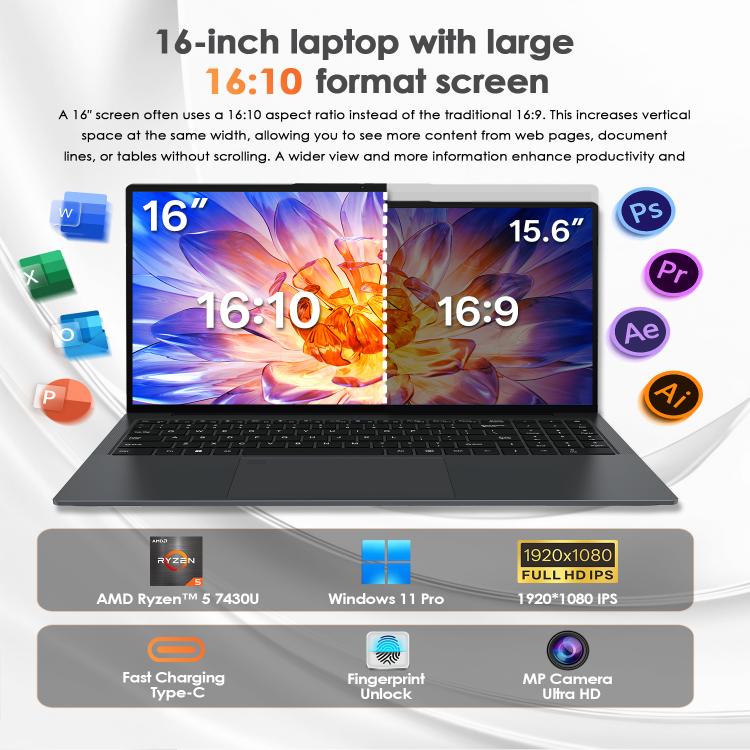 GXMO T160 16 Zoll Windows 11 Laptop, 16GB+512GB, AMD Ryzen 5 7430U Hexa Core Prozessor, EU Stecker, US Stecker, UK Stecker, AU Stecker