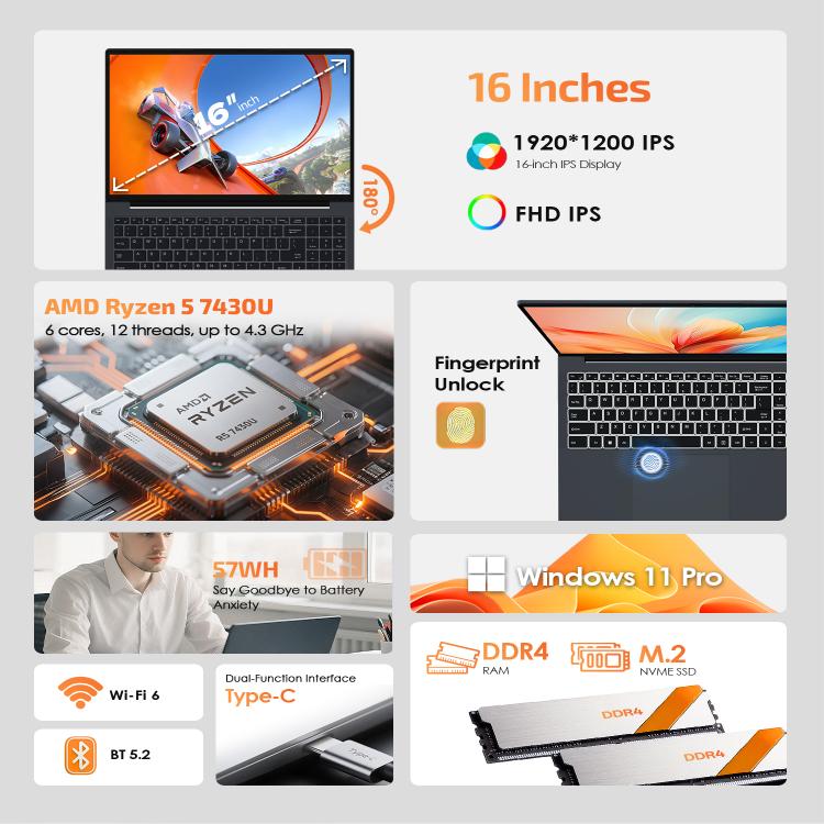 GXMO T160 16 Zoll Windows 11 Laptop, 16GB+512GB, AMD Ryzen 5 7430U Hexa Core Prozessor, EU Stecker, US Stecker, UK Stecker, AU Stecker
