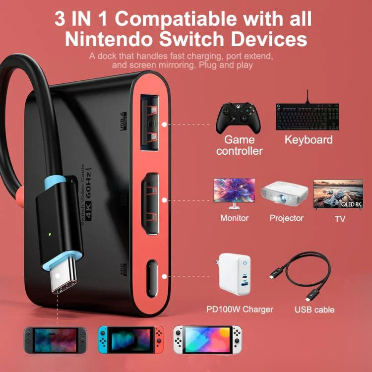3-in-1 Type-C zu HDMI + USB 3.0 + Type-C PD Ladeanschluss Desktop-Dockingstation, für Nintendo Switch