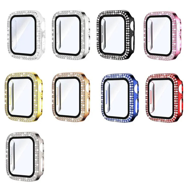 xDfind Doppeltreihiger Diamant-Schutzglasfolie Integrierte PC-Uhrenabdeckung, für Apple Watch Series 9 / 8 / 7 41mm, für Apple Watch Series 3 / 2 / 1 38mm, für Apple Watch Series 3 / 2 / 1 42mm