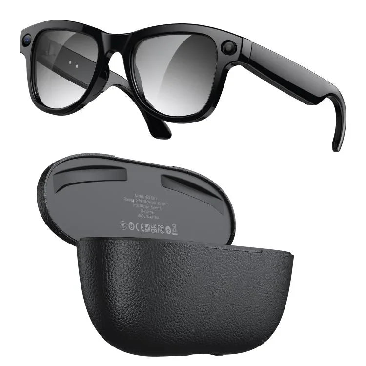 M02 Ultra 8MP Kamera KI Smartbrille mit photochromen Gläsern, mit schwarzem Ladecase, mit braunem Ladecase