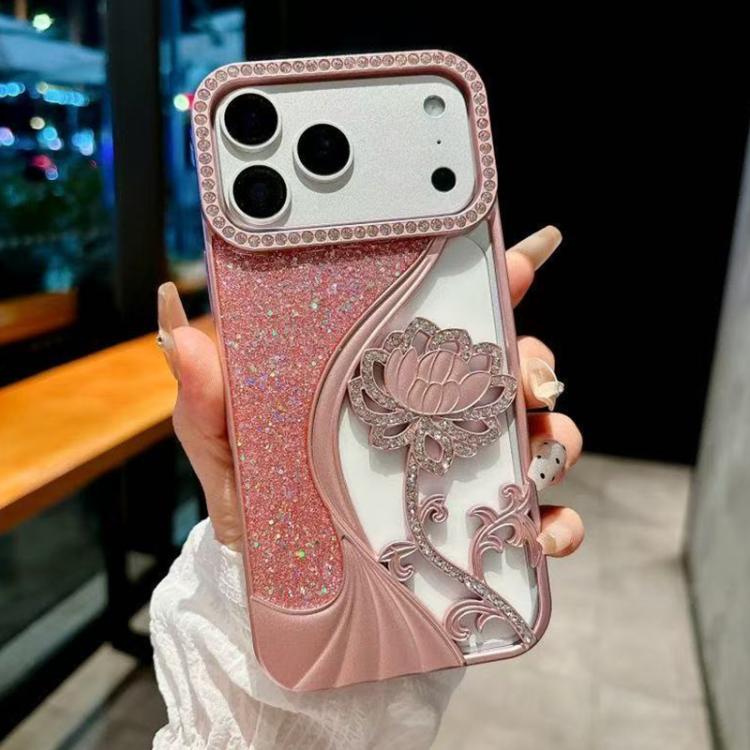 Galvanisierte TPU Lotus Hohlgravur Strass Glitzer Handyhülle, Für iPhone 17 Pro Max, Für iPhone 17 Pro, Für iPhone 17, Für iPhone 16 Pro Max, Für iPhone 16 Pro, Für iPhone 16, Für iPhone 15 Pro Max, Für iPhone 15 Pro