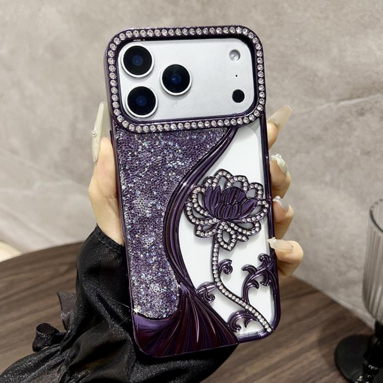 Galvanisierte TPU Lotus Hohlgravur Strass Glitzer Handyhülle, Für iPhone 17 Pro Max, Für iPhone 17 Pro, Für iPhone 17, Für iPhone 16 Pro Max, Für iPhone 16 Pro, Für iPhone 16, Für iPhone 15 Pro Max, Für iPhone 15 Pro