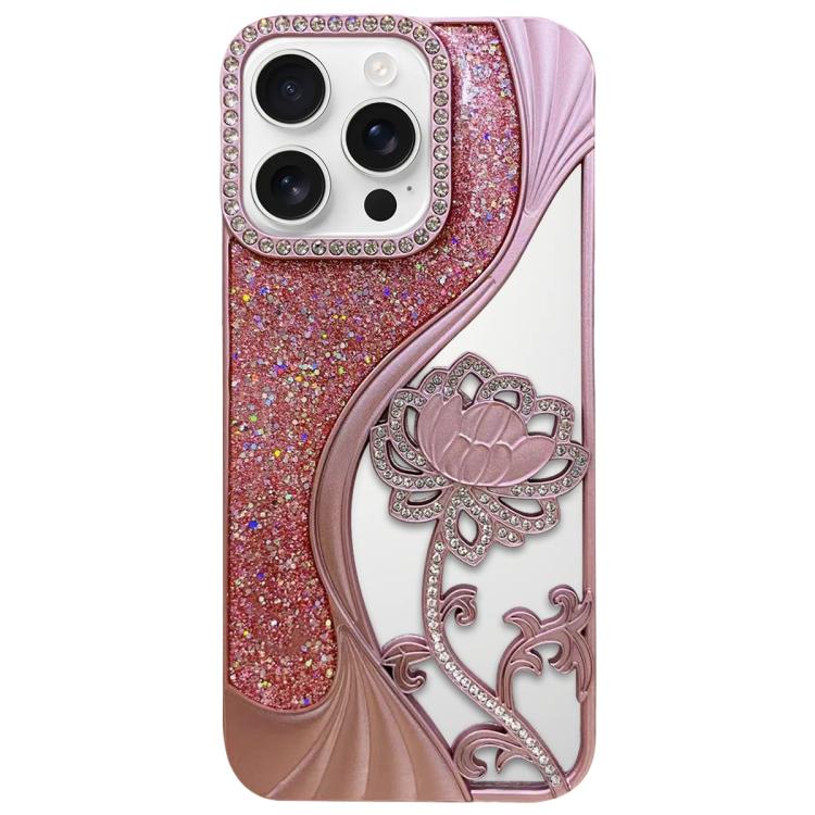 Galvanisierte TPU Lotus Hohlgravur Strass Glitzer Handyhülle, Für iPhone 17 Pro Max, Für iPhone 17 Pro, Für iPhone 17, Für iPhone 16 Pro Max, Für iPhone 16 Pro, Für iPhone 16, Für iPhone 15 Pro Max, Für iPhone 15 Pro