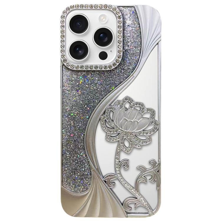 Galvanisierte TPU Lotus Hohlgravur Strass Glitzer Handyhülle, Für iPhone 17 Pro Max, Für iPhone 17 Pro, Für iPhone 17, Für iPhone 16 Pro Max, Für iPhone 16 Pro, Für iPhone 16, Für iPhone 15 Pro Max, Für iPhone 15 Pro