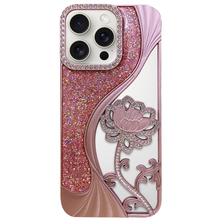 Galvanisierte TPU Lotus Hohlgravur Strass Glitzer Handyhülle, Für iPhone 17 Pro Max, Für iPhone 17 Pro, Für iPhone 17, Für iPhone 16 Pro Max, Für iPhone 16 Pro, Für iPhone 16, Für iPhone 15 Pro Max, Für iPhone 15 Pro