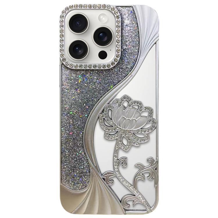 Galvanisierte TPU Lotus Hohlgravur Strass Glitzer Handyhülle, Für iPhone 17 Pro Max, Für iPhone 17 Pro, Für iPhone 17, Für iPhone 16 Pro Max, Für iPhone 16 Pro, Für iPhone 16, Für iPhone 15 Pro Max, Für iPhone 15 Pro