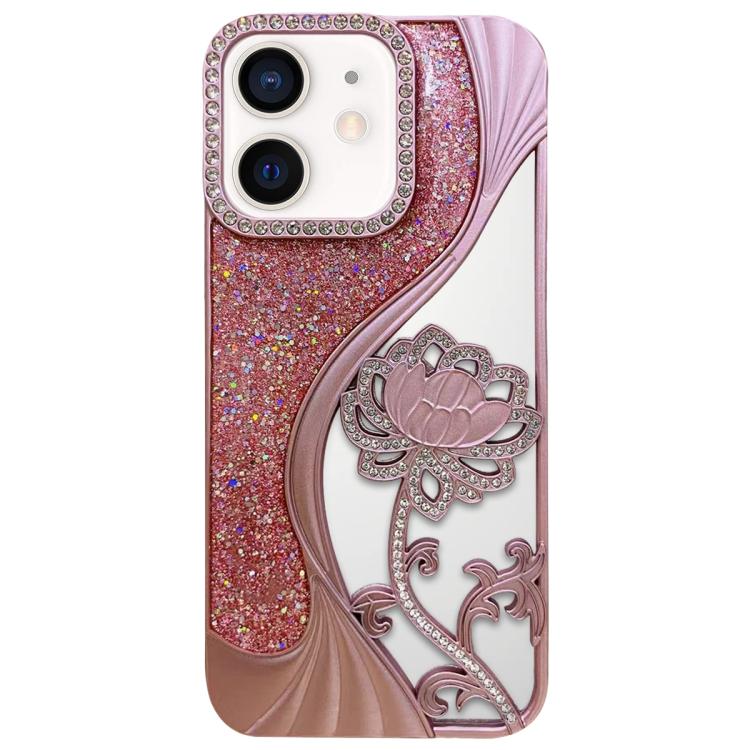 Galvanisierte TPU Lotus Hohlgravur Strass Glitzer Handyhülle, Für iPhone 15, Für iPhone 14, Für iPhone 14 Pro, Für iPhone 14 Pro Max, Für iPhone 13 Pro Max, Für iPhone 13 Pro, Für iPhone 13, Für iPhone 12