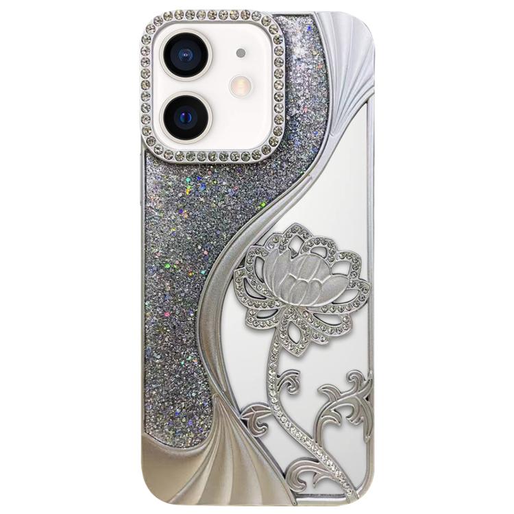Galvanisierte TPU Lotus Hohlgravur Strass Glitzer Handyhülle, Für iPhone 15, Für iPhone 14, Für iPhone 14 Pro, Für iPhone 14 Pro Max, Für iPhone 13 Pro Max, Für iPhone 13 Pro, Für iPhone 13, Für iPhone 12