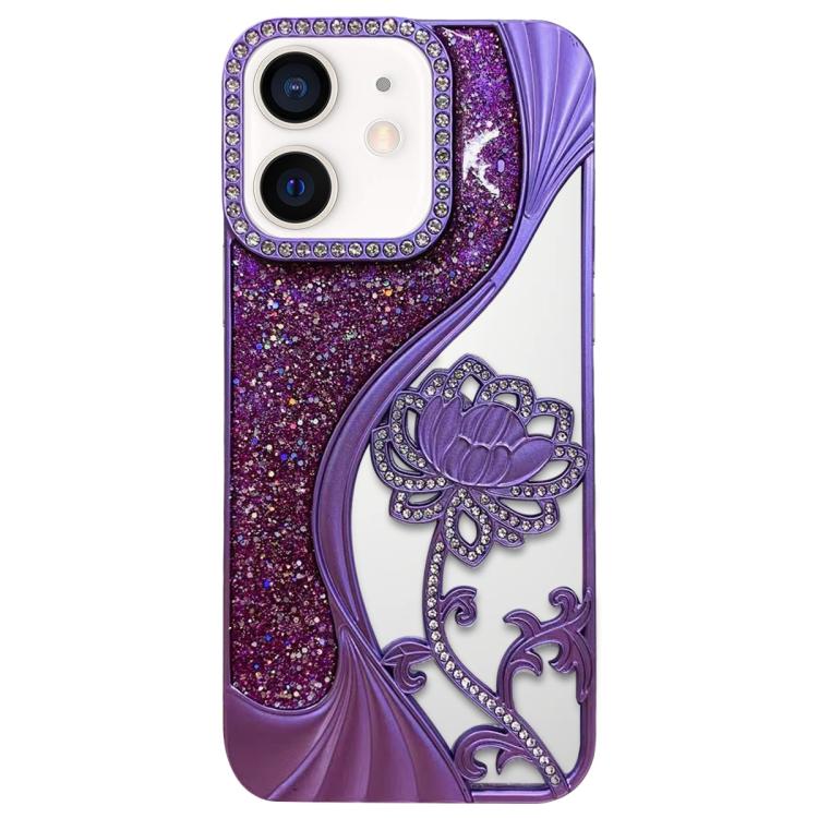 Galvanisierte TPU Lotus Hohlgravur Strass Glitzer Handyhülle, Für iPhone 15, Für iPhone 14, Für iPhone 14 Pro, Für iPhone 14 Pro Max, Für iPhone 13 Pro Max, Für iPhone 13 Pro, Für iPhone 13, Für iPhone 12