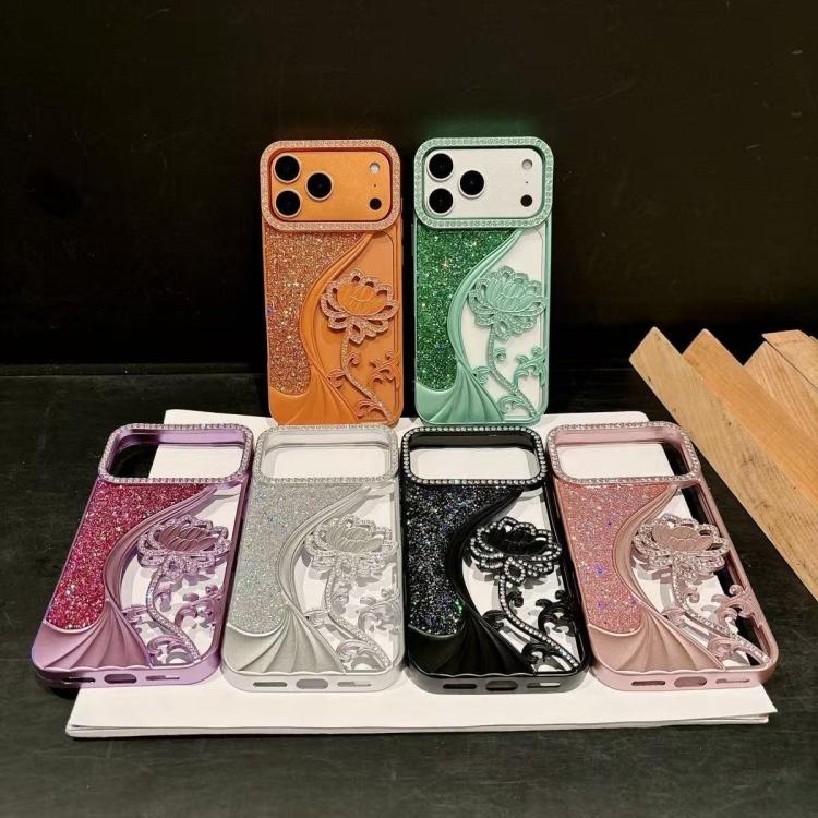Galvanisierte TPU Lotus Hohlgravur Strass Glitzer Handyhülle, Für iPhone 15, Für iPhone 14, Für iPhone 14 Pro, Für iPhone 14 Pro Max, Für iPhone 13 Pro Max, Für iPhone 13 Pro, Für iPhone 13, Für iPhone 12