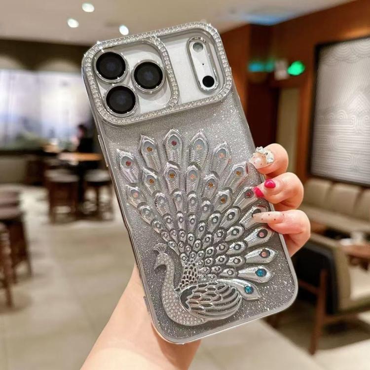Galvanisierte TPU Pfauenrelief Strass Glitzer Handyhülle mit Linsenfolie, Für iPhone 17 Pro Max, Für iPhone 17 Pro, Für iPhone 17, Für iPhone 16 Pro Max, Für iPhone 16 Pro, Für iPhone 16 Plus, Für iPhone 16, Für iPhone 15 Pro Max