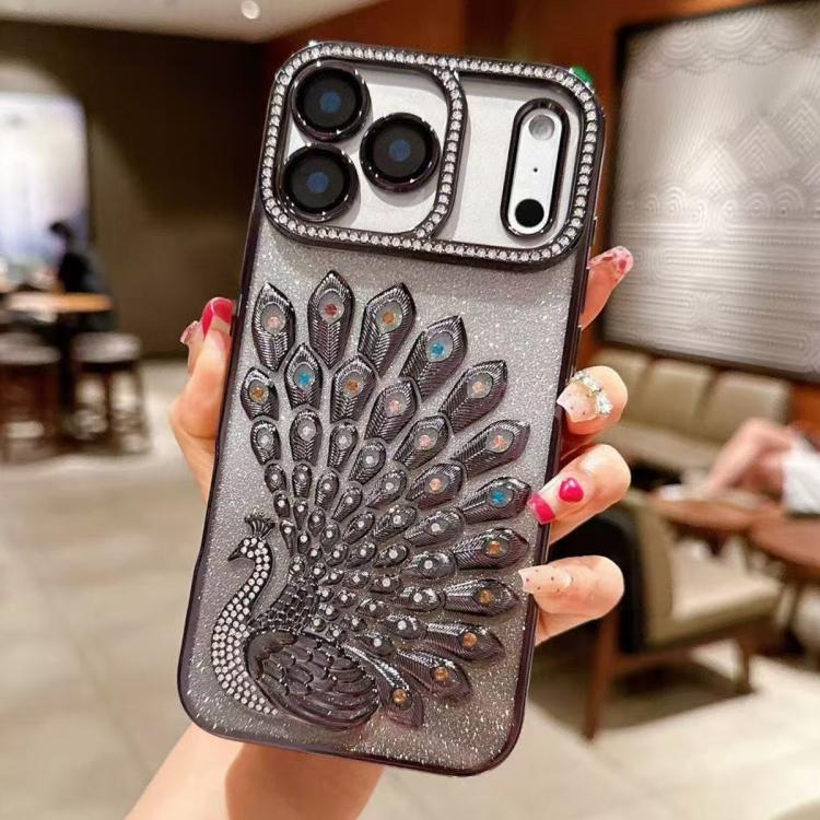 Galvanisierte TPU Pfauenrelief Strass Glitzer Handyhülle mit Linsenfolie, Für iPhone 17 Pro Max, Für iPhone 17 Pro, Für iPhone 17, Für iPhone 16 Pro Max, Für iPhone 16 Pro, Für iPhone 16 Plus, Für iPhone 16, Für iPhone 15 Pro Max