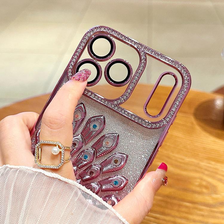 Galvanisierte TPU Pfauenrelief Strass Glitzer Handyhülle mit Linsenfolie, Für iPhone 17 Pro Max, Für iPhone 17 Pro, Für iPhone 17, Für iPhone 16 Pro Max, Für iPhone 16 Pro, Für iPhone 16 Plus, Für iPhone 16, Für iPhone 15 Pro Max