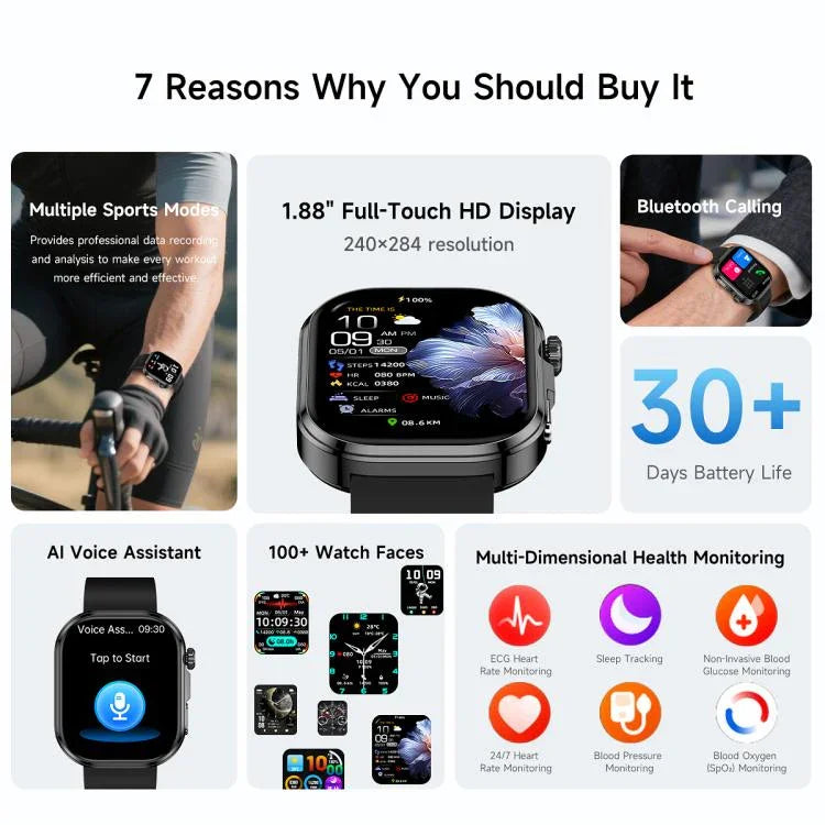 GE52 Smartwatch mit 1,88-Zoll-Full-HD-Touchscreen, Bluetooth-Anruffunktion, Silikonarmband und Unterstützung für Gesundheitsüberwachung