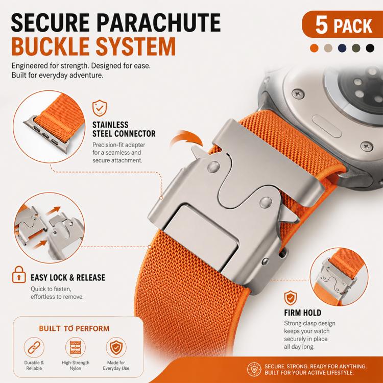 5er-Pack xDfind Stretch-Nylon-Uhrenarmband mit Fallschirmschnalle, passend für Apple Watch 42 / 44 / 45 / 46 / 49 mm, Apple Watch 38 / 40 / 41 / S11 42 mm