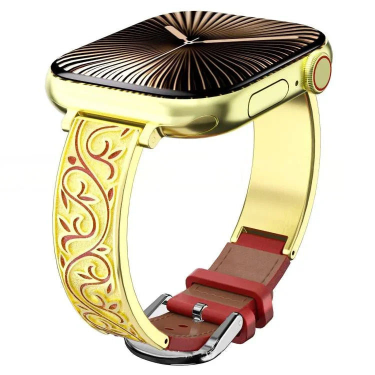xDfind Retro Blumenmuster-Schnitzerei Edelstahl-Hybrid-Echtlederarmband, für Apple Watch 38 / 40 / 41 / S11 42mm