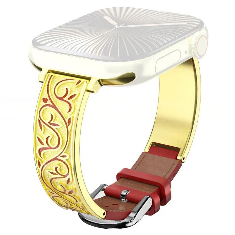 xDfind Retro Blumenmuster-Schnitzerei Edelstahl-Hybrid-Echtlederarmband, für Apple Watch 38 / 40 / 41 / S11 42mm