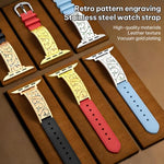 xDfind Retro Blumenmuster-Schnitzerei Edelstahl-Hybrid-Echtlederarmband, für Apple Watch 38 / 40 / 41 / S11 42mm