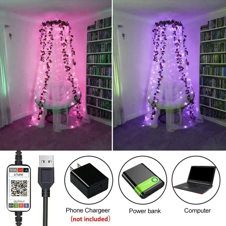 RGB USB LED Kupferdraht Lichterkette Weihnachtsdekoration Lichterkette Bluetooth Mobile APP Steuerung, 2m 20 LED, 5m 50 LED, 10m 100 LED, 12m 120 LED, 15m 150 LED, 20m 200 LED
