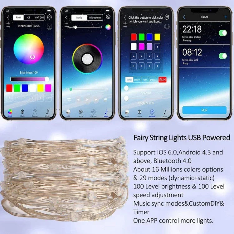 RGB USB LED Kupferdraht Lichterkette Weihnachtsdekoration Lichterkette Bluetooth Mobile APP Steuerung, 2m 20 LED, 5m 50 LED, 10m 100 LED, 12m 120 LED, 15m 150 LED, 20m 200 LED