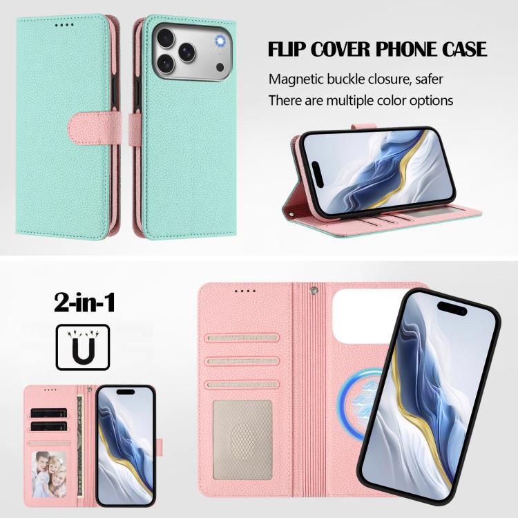 Abnehmbare Handyhülle aus veganem Litschi-Leder mit magnetischem Seiten-Patch, für iPhone 17 Pro Max, für iPhone 17 Pro, für iPhone 17, für iPhone Air, für iPhone 16 Pro Max, für iPhone 16 Pro, für iPhone 16 Plus, für iPhone 16