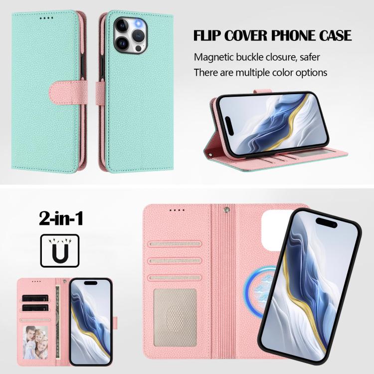 Abnehmbare Litchi-Struktur Magnetische Seiten-Patch Vegane Leder-Handyhülle, Für iPhone 13 Pro Max, Für iPhone 13 Pro, Für iPhone 13, Für iPhone 12 / 12 Pro, Für iPhone 12 Pro Max, Für iPhone 11 Pro Max, Für iPhone 11, Für iPhone 11 Pro