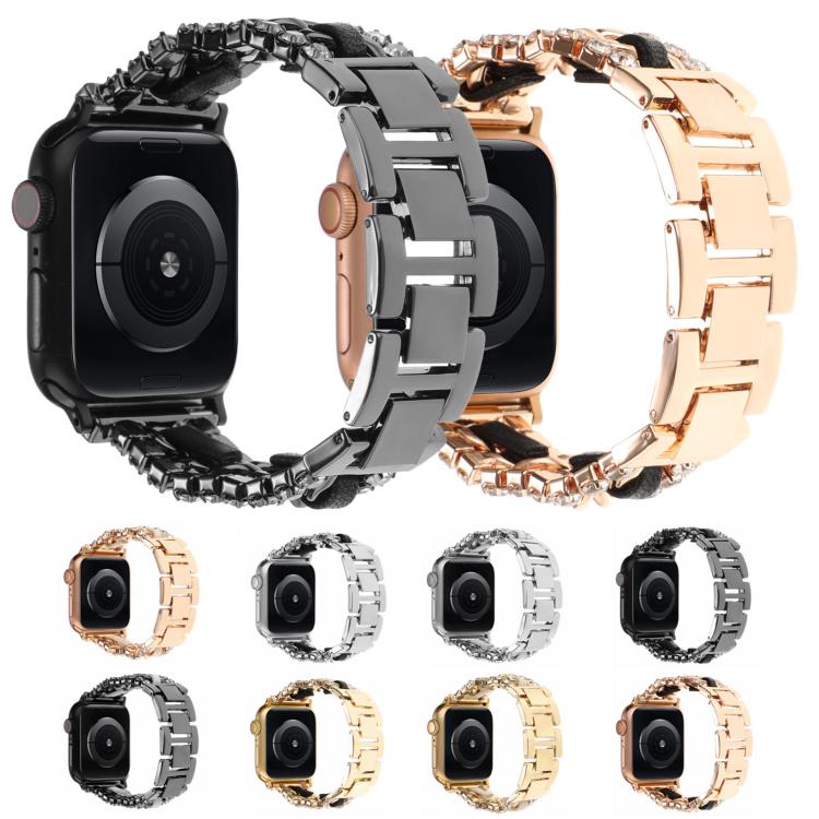 Diamond Vegan Leather Metal Watch Band, For Apple Watch 46mm / 49mm / 45mm / 44mm, For Apple Watch 42mm / 41mm / 40mm / 38mm