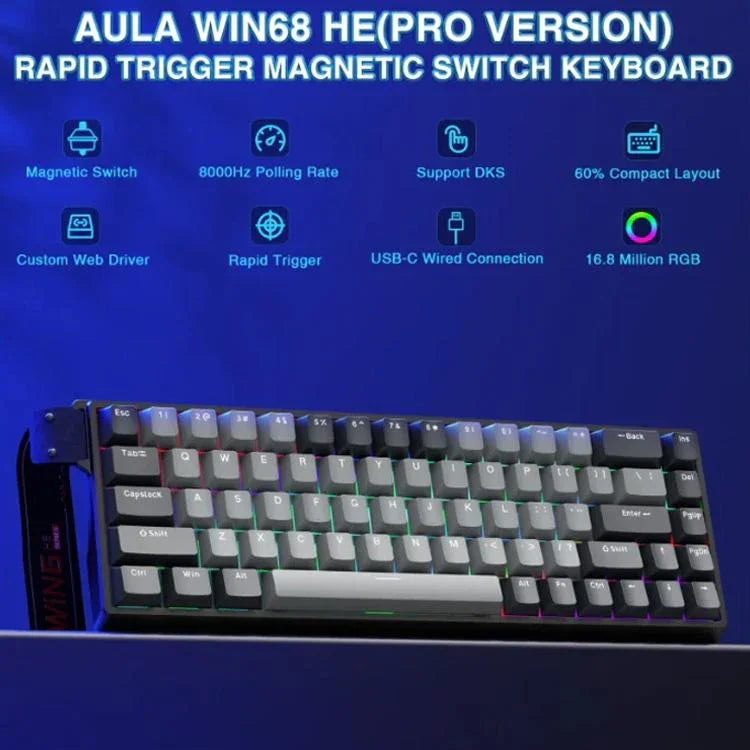 AULA WIN68HE Pro Version 68 Tasten RGB Kabelgebundene Tastatur, WIN68HE Dunkelgrau+Hellgrau Geformte Magnetachse