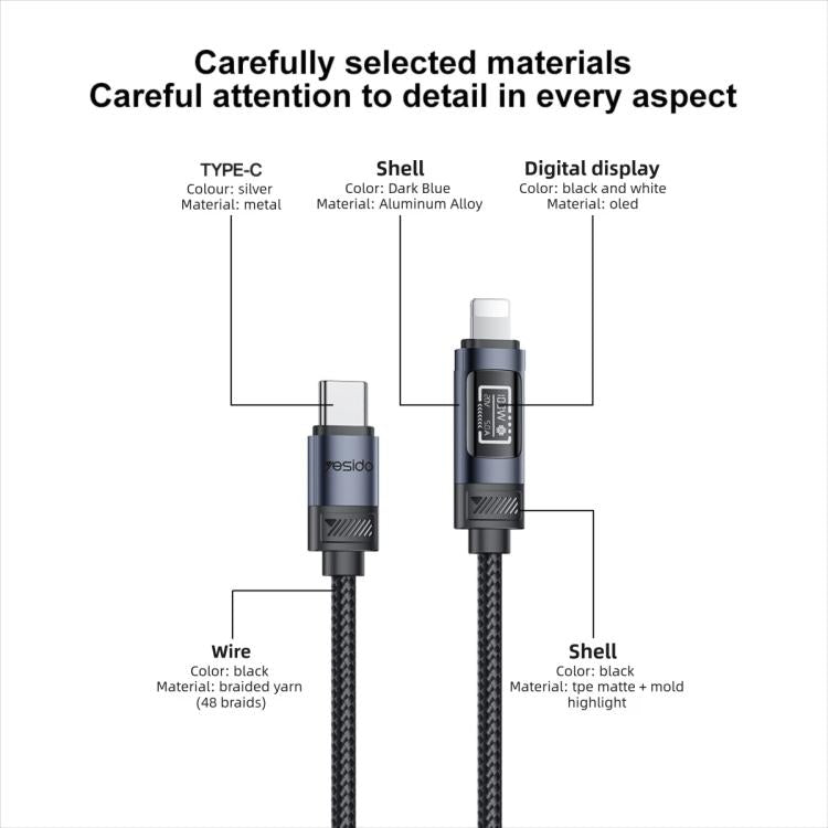 Yesido CA138L 12W 2.4A USB zu 8 Pin OLED-Anzeige Lade-Datenkabel, USB zu 8 Pin