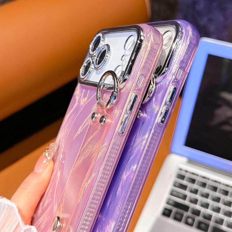 Plating Feder-Gaze-Struktur Armbandhalter TPU Handyhülle mit Linsenfolie, Für iPhone 13