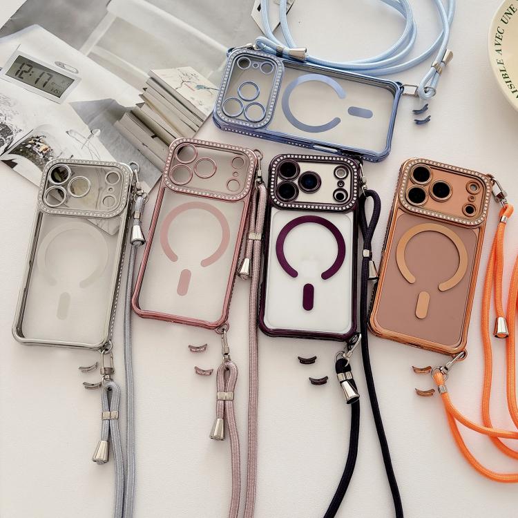Strassstein Klare Acryl Galvanisierte Magnetische Handyhülle mit Rechtshänder-Umhängeband, Für iPhone 17 Pro Max, Für iPhone 17 Pro, Für iPhone 17, Für iPhone Air, Für iPhone 16 Pro Max, Für iPhone 16 Pro, Für iPhone 16 Plus, Für iPhone 16
