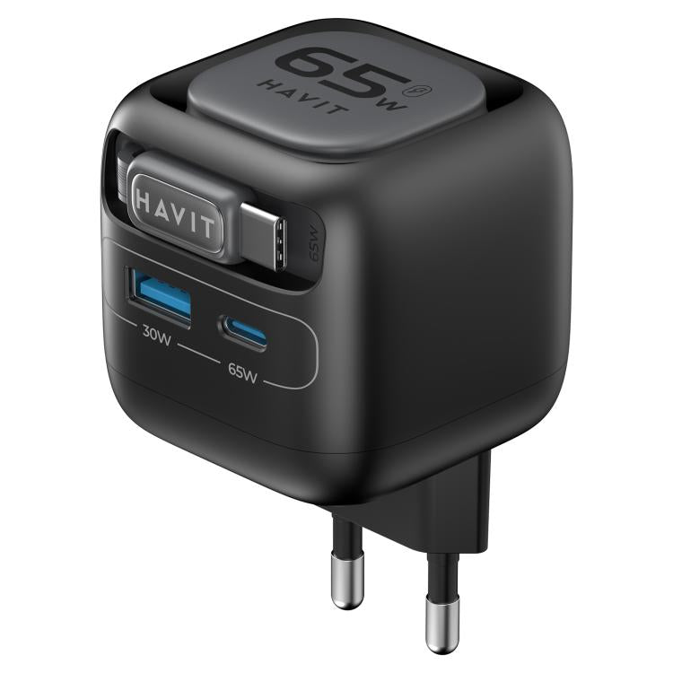 Havit UC253 65W 3-in-1 GaN Reise-Ladegerät mit einziehbarem USB-C Kabel, UC253 (EU Stecker)