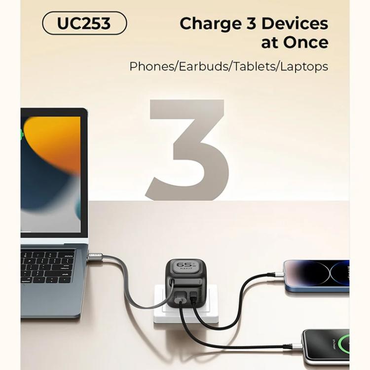 Havit UC253 65W 3-in-1 GaN Reise-Ladegerät mit einziehbarem USB-C Kabel, UC253 (EU Stecker)