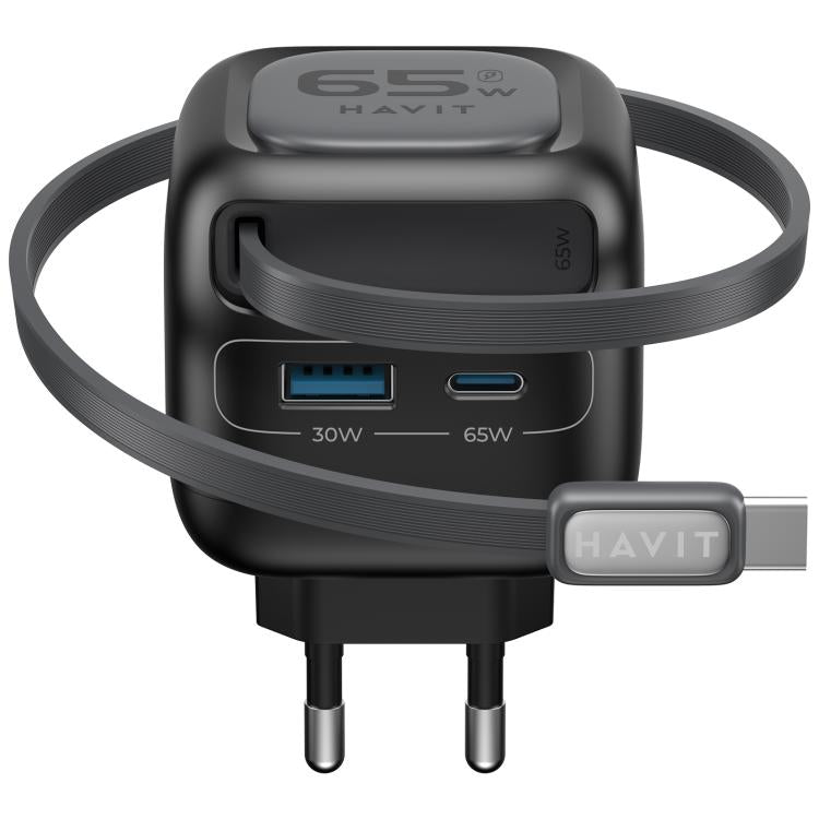 Havit UC253 65W 3-in-1 GaN Reise-Ladegerät mit einziehbarem USB-C Kabel, UC253 (EU Stecker)