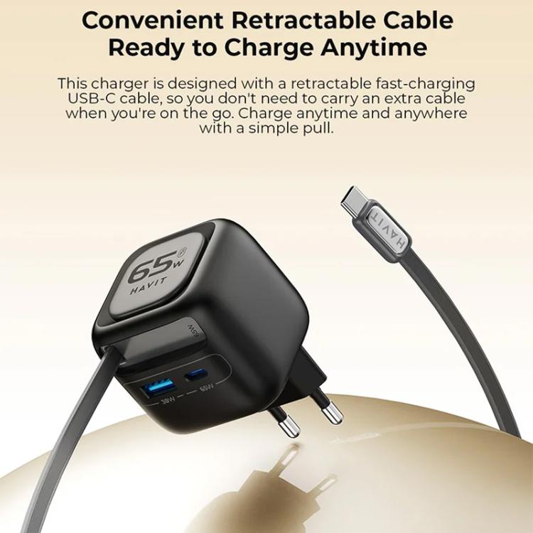 Havit UC253 65W 3-in-1 GaN Reise-Ladegerät mit einziehbarem USB-C Kabel, UC253 (EU Stecker)